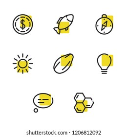 Fish icon with compass, bulb and bubble symbols. Set of light, energy, beeswax icons and geography concept. Editable vector elements for logo app UI design.