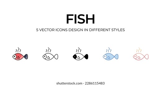 Diseño de iconos de peces en estilo Cinco con barra editable. Línea, Sólido, Línea plana, Color de tono Duo y Línea de degradado de color. Adecuado para diseño de páginas Web, aplicaciones móviles, UI, UX y GUI.