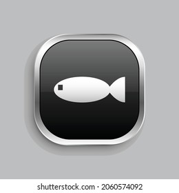 diseño de icono de pescado. Estilo botón brillante rectángulo redondeado aislado en fondo gris. Ilustración del vector