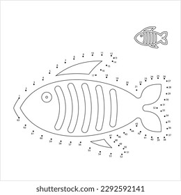Fish Icon Dot To Dot, Fish Silhouette, Aquatic Craniate Animal Vector Art Illustration, Connect The Dots Puzzle Game