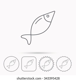 Fish icon. Fishing sign. Natural seafood symbol. Linear circle, square and star buttons with icons.