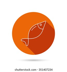Fish icon. Fishing sign. Natural seafood symbol. Round orange web button with shadow.