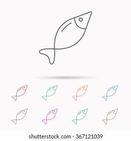 Fish icon. Fishing sign. Natural seafood symbol. Linear icons on white background.
