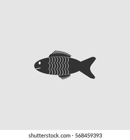Fish icon flat. Black pictogram on grey background. Vector illustration symbol
