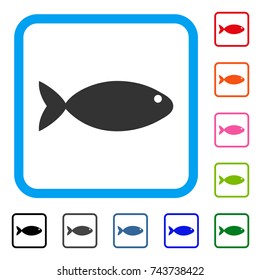 Fish icon. Flat gray pictogram symbol inside a blue rounded frame. Black, gray, green, blue, red, orange color variants of Fish vector. Designed for web and application UI.
