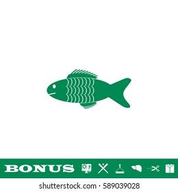 Fish icon flat. Green pictogram on white background. Vector illustration symbol and bonus button