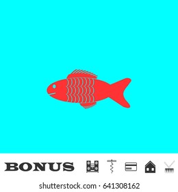 Fish icon flat. Red pictogram on blue background. Vector illustration symbol and bonus buttons Music center, corkscrew, credit card, house, drum