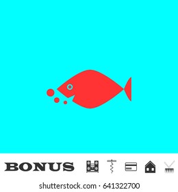 Fish icon flat. Red pictogram on blue background. Vector illustration symbol and bonus buttons Music center, corkscrew, credit card, house, drum