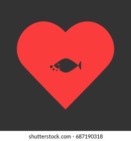 Fish icon flat. Simple pictogram on heart background. Vector illustration symbol