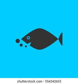 Fish icon flat. Simple vector black pictogram on blue background