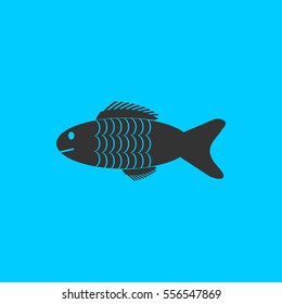 Fish icon flat. Simple vector black pictogram on blue background