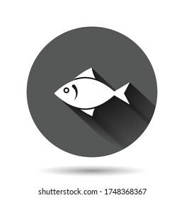 Fish icon in flat style. Seafood vector illustration on black round background with long shadow effect. Sea animal circle button business concept.