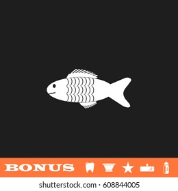 Fish icon flat. White pictogram on black background. Vector illustration symbol and bonus button tooth, vase, star, mirror, bottle
