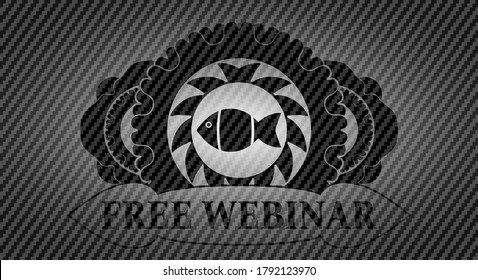 fish icon and Free Webinar text carbon fiber dark emblem. Polymer texture delicate background. Artistic illustration. 