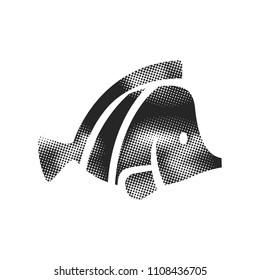 Fish icon in halftone style. Black and white monochrome vector illustration.