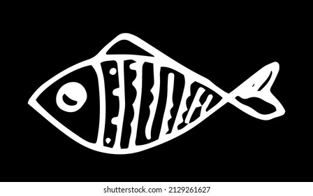 the fish icon. A hand-drawn fish in the style of a doodle, with a texture of scales made of stripes and dots, an isolated white outline on black for a children's design template