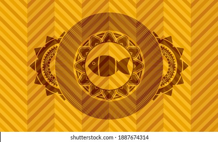 fish icon inside abstract orange color realistic badge. Geometric classic background. Intense illustration. 
