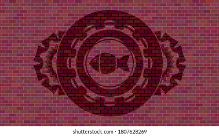 fish icon inside brick stone wall badge. Tiles fancy background. Illustration. 