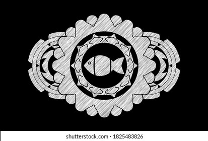 fish icon inside chalk badge. Chalkboard graceful background. Artistic illustration. 