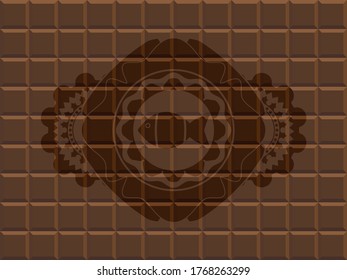 fish icon inside chocolate bar badge. Brown graceful background. Illustration. 