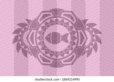 fish icon inside pink wavy badge. Curve handsome background. Intense illustration. 