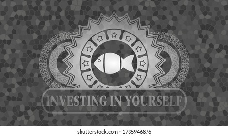 fish icon and Investing in yourself text grey stone wall badge. Rock chic background. Artistic illustration. 