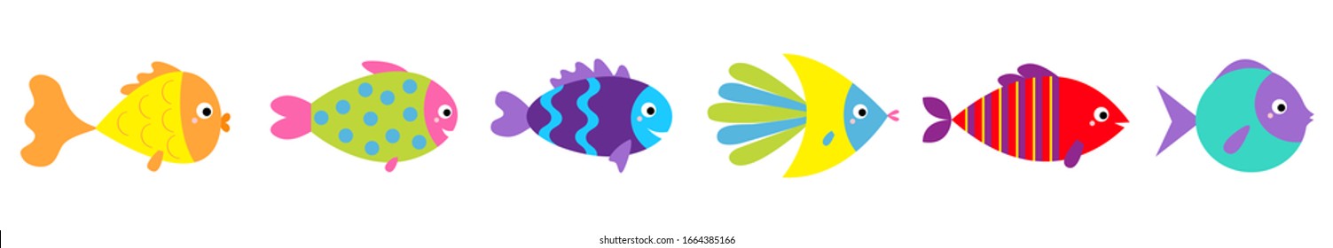 Fish icon line set. Cute cartoon kawaii funny character. Marine life. Colorful aquarium sea ocean animals. Baby kids collection. Isolated. White background. Flat design. Vector illustration