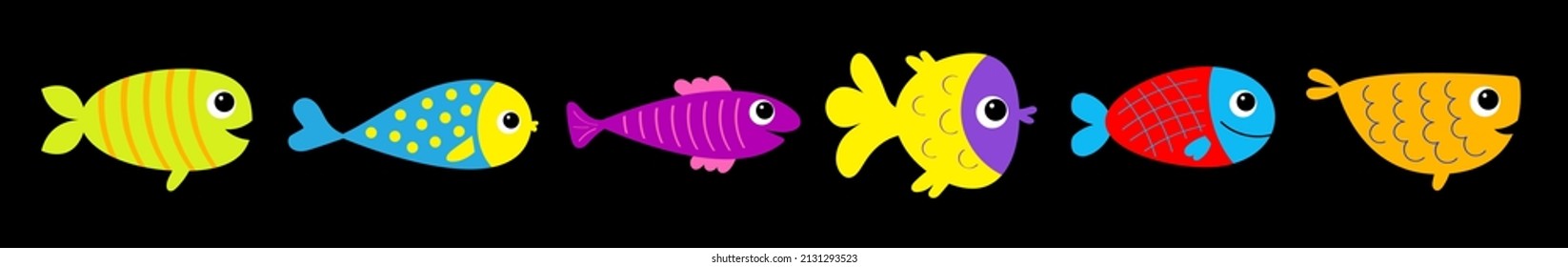 Fish icon line set. Cute cartoon kawaii funny baby character. Marine life. Colorful aquarium sea ocean animals. Kids collection. Isolated. Black background. Flat design. Vector illustration