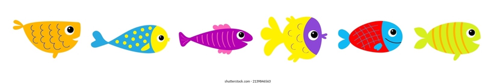 Fish icon line set. Cute cartoon kawaii funny baby character. Marine life. Colorful aquarium sea ocean animals. Kids collection. Isolated. White background. Flat design. Vector illustration