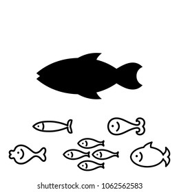 Fish Icon or Logo Collection Isolated on White. Simple Black Sea Animal Symbol in Thin Line Style