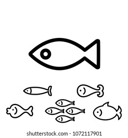 Fish Icon or Logo Collection Isolated on White. Simple Black Sea Animal Symbol in Thin Line Style