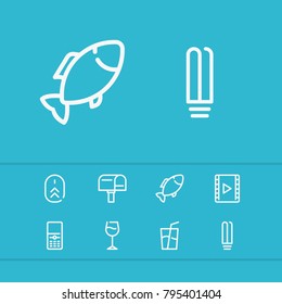 Fish icon with mail, soda and movie editable symbols. Set of wineglass, film, movie icons and inbox concept. Editable vector elements for logo app UI design.