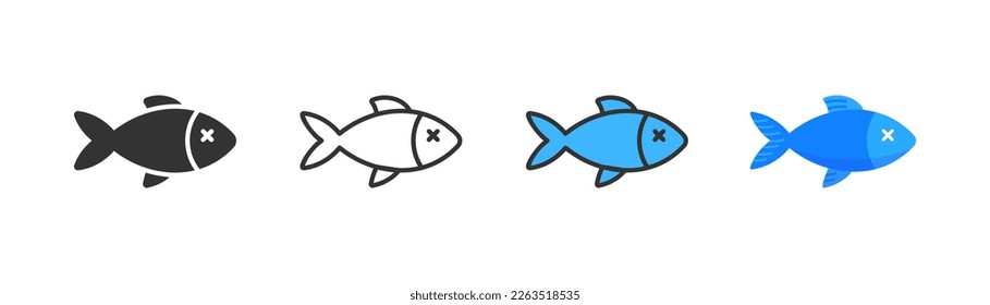 Fish icon on light background. Seafood symbol. Dead fish, salmon, swimming in water, aquarium. Outline, flat and colored style. Flat design. 