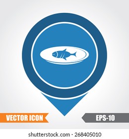 Fish Icon On Map Pointer. Eps.-10.