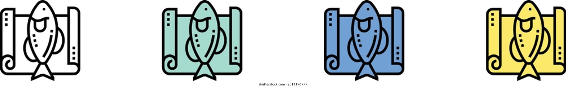 fish icon. Outline, Green, Blue and Yellow Style Design Isolated On White Background