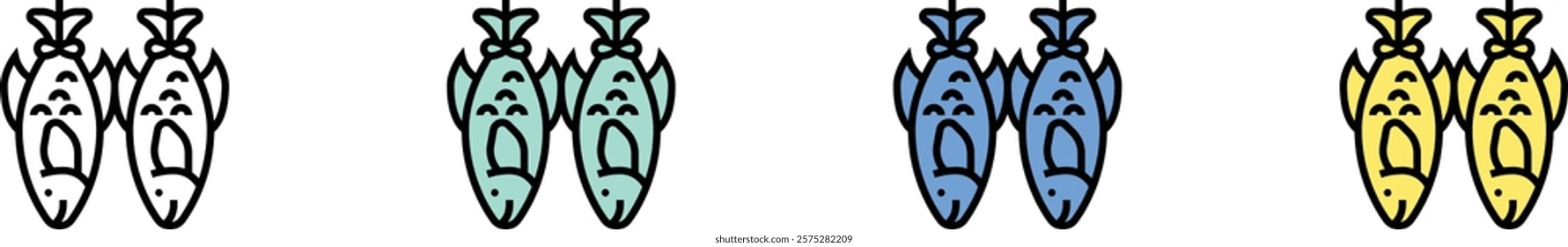 fish icon. Outline, Green, Blue and Yellow Style Design Isolated On White Background