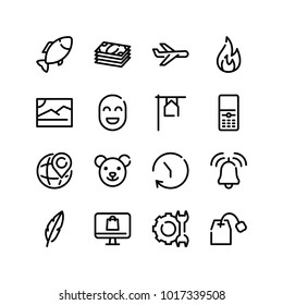Fish icon with photo, feather and time editable symbols. Set of flame, clock, wrench icons and rent board concept. Editable vector elements for logo app UI design.