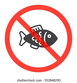 Fish icon in prohibition red circle, No fishing ban sign, forbidden symbol. Vector illustration isolated on white