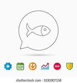 Fish icon. Seafood sign. Vegetarian food symbol. Calendar, Graph chart and Cogwheel signs. Download and Shield web icons. Vector