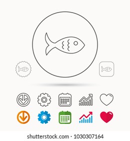 Fish icon. Seafood sign. Vegetarian food symbol. Calendar, Graph chart and Cogwheel signs. Download and Heart love linear web icons. Vector