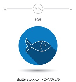 Fish icon. Seafood sign. Vegetarian food symbol. Blue flat circle button. Linear icon with shadow. Vector