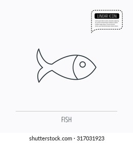 Fish icon. Seafood sign. Vegetarian food symbol. Linear outline icon. Speech bubble of dotted line. Vector