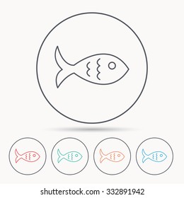 Fish icon. Seafood sign. Vegetarian food symbol. Linear circle icons.
