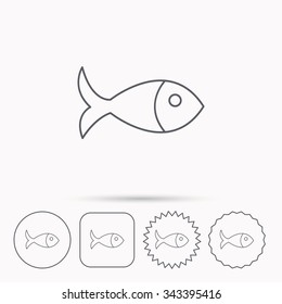 Fish icon. Seafood sign. Vegetarian food symbol. Linear circle, square and star buttons with icons.