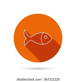 Fish icon. Seafood sign. Vegetarian food symbol. Round orange web button with shadow.