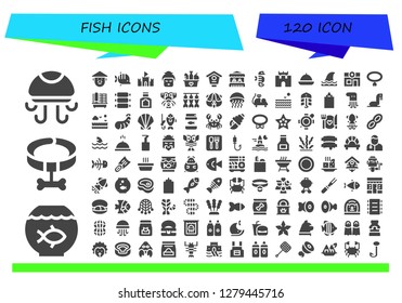  Fish Icon Set. 120 Filled Fish Icons. Simple Modern Icons About  - Jellyfish, Fish Bowl, Collar, Chinese, Fish, Sand Castle, Geisha, Food, Bird House, Grocery, Seahorse, Shark