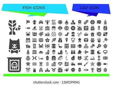 fish icon set. 120 filled fish icons.  Collection Of - Fish, Creature, Cat, Christian, Apron, Dumpling, Lobster, Spaghetti, Sea urchin, Veterinarian, Jellyfish, Peanut, bowl