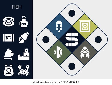 fish icon set. 13 filled fish icons.  Collection Of - Worm, Pet, Crab, Cat, Belem tower, Canned food, Seashell, Animal, Apron, Creature, Bait, Fish, Hermit crab