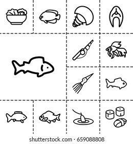 Fish icon. set of 13 outline fishicons such as fish, food, sushi, fishing, extinct sea creature