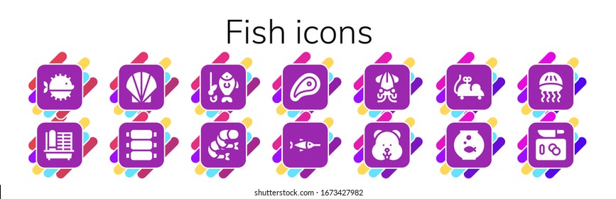 conjunto de iconos de peces. 14 íconos rellenos de pescado.  Iconos modernos sencillos, como: Pescado de jabalí, jaula, concha, costillas, pesca, camarón, carne, pez espada, calamar, hámster, juguete de ratón, pezón, medusa